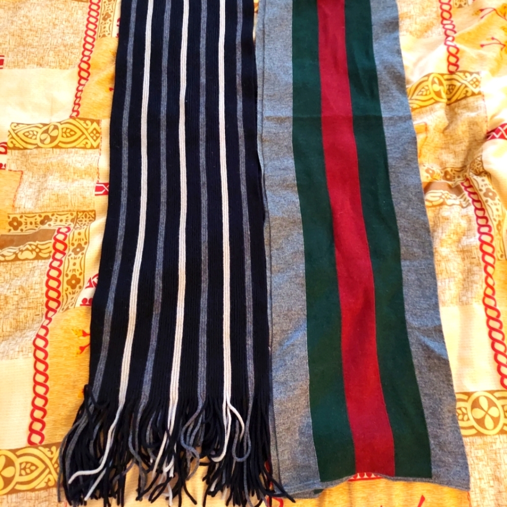 Set of 2 MJF Brand Scarves 72" x 8.5" Black/Grey & Grey/Green/Red